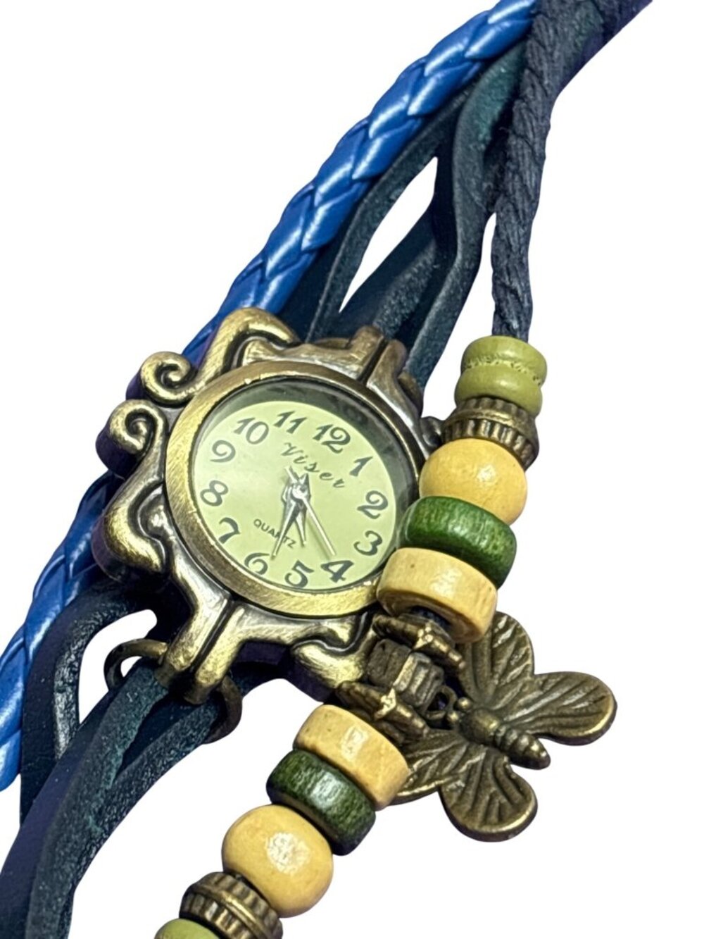 Multi Strand Faux Leather Watch Butterfly Charm Wooden Beads Untested